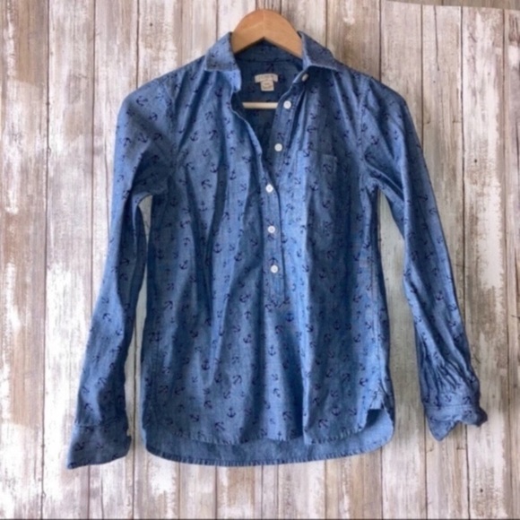 J. Crew Tops - J.Crew Chambray Anchor Popover Shirt XXS Blue Nautical Cotton Top